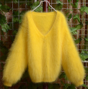 女式大v领灯笼袖长毛貂，绒衫黄色打底衫针织衫小款外套羊毛衫