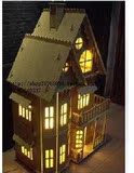 四联木制仿真模型 3D益智玩具 DIY小木屋 哥特式别墅+家私套餐