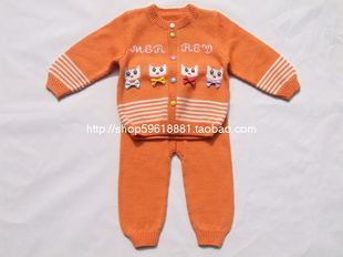 手工织婴儿毛衣宝宝羊毛线衣橘色儿童外套线衫二件套装1009#