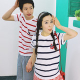 2012夏季新款韩版女装情侣装夏装 条纹配色 短袖T恤宽松圣迪奥