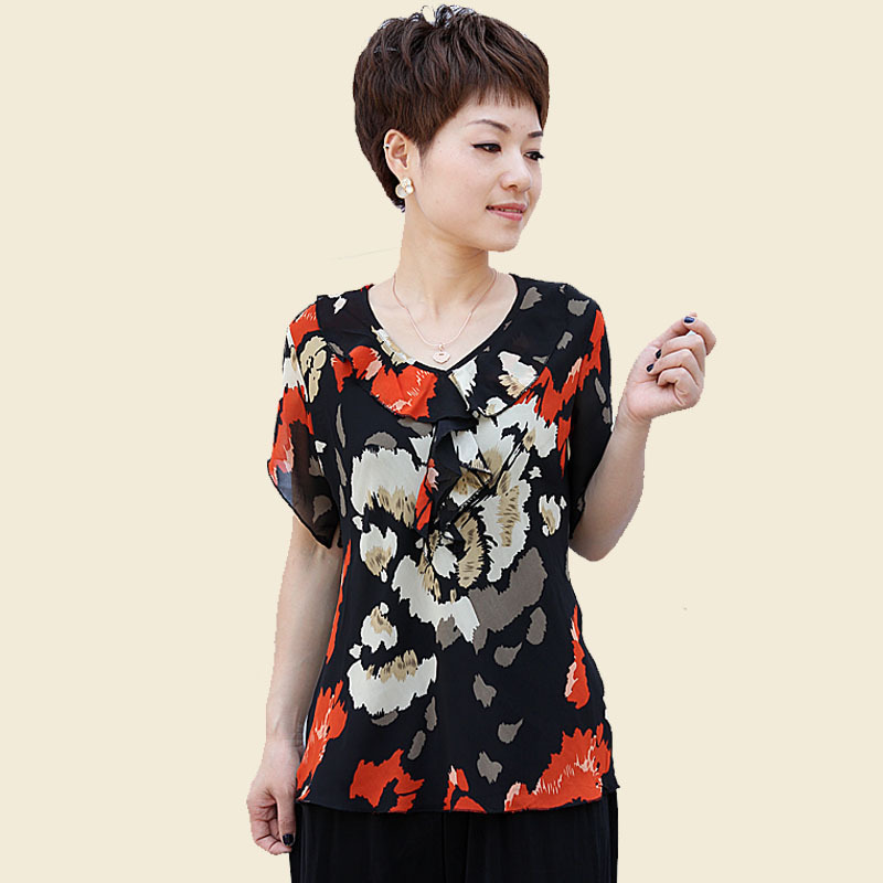 T恤 40岁中年女装 宽松大码碎花夏装 蝙蝠袖短