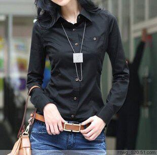 689 10春新款韩版女衬衫 修身长袖女衬衫 五分袖白色黑色女衬衫