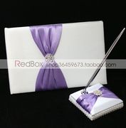 redbox结婚用品紫色主题，婚礼嘉宾签到浅紫绸，带花结签到簿签名笔