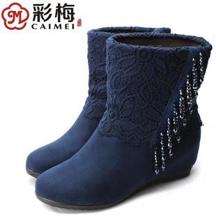 彩梅北京布鞋女鞋潮流时尚流苏坡跟内增高加绒女靴中筒靴