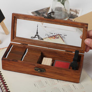 日韩版复古木质铅笔盒木纹，首饰收纳盒多功能，木制铁塔文具盒笔袋