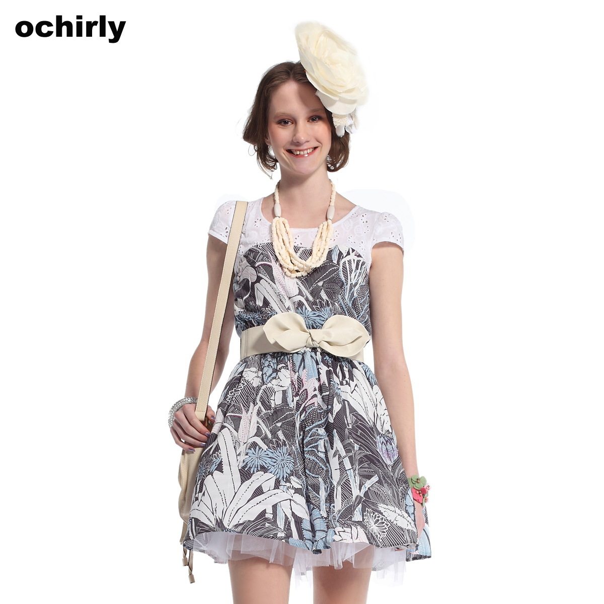 新款女装夏装灰蓝拼撞连衣裙，Ochirly/<span class=H>欧时力</span>促销