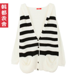  韩都衣舍旗舰店正品牌折扣春装新款女装条纹连帽开衫针织衫