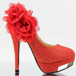  女式鞋 单鞋 高跟鞋 春款防水台花朵 红色婚纱鞋结婚鞋旗袍鞋