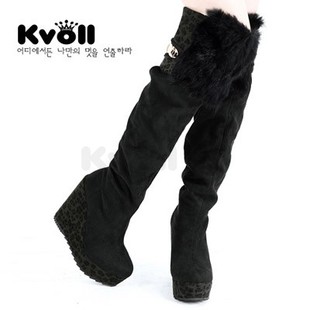 冬季kvoll女鞋女靴子黑色，绒面豹纹兔毛，拼接厚底系带坡跟过膝长靴