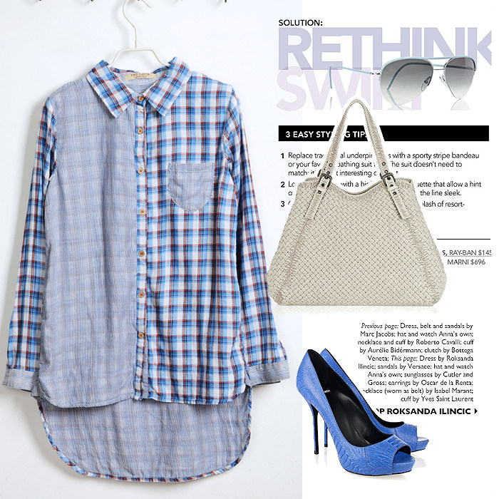 [<span class=H>ON</span><span class=H>LY</span> STYLE]2012春装新款女装原单柔棉拼色前短后长拼布格子衬衫