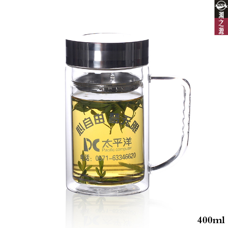 渊之源 双层玻璃杯 印字 定做LOGO办公杯 纪念杯 礼品定制 400ml