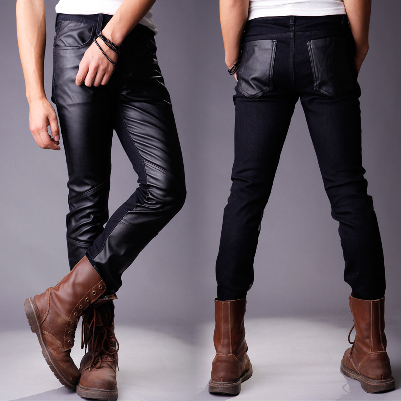 2013 new Korean leather pants men PU leather pants boys trousers jeans to spell leather stitching tidal pants men s pants,