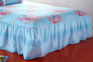 爆品全棉床套床裙床罩式，蓝色公主风格横纹，四件套田园印花床品