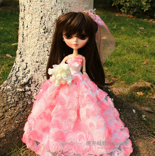 唐果娃娃娃晚礼服粉色雪纺梦幻，唯美婚纱送头纱，迷你玩偶娃衣玩具