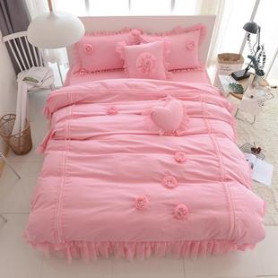 全棉韩版纯色立体花朵，床裙四件套公主花边床上用品，纯棉蕾丝4件套