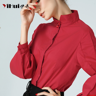 红色衬衫女装衬衣大码立领职业灯笼长袖显瘦上衣棉设计感春装