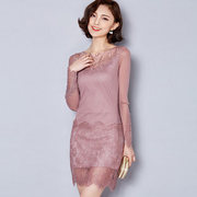 春季女装韩版修身中长款3D蕾丝打底衫高领包臀长袖连衣裙女潮