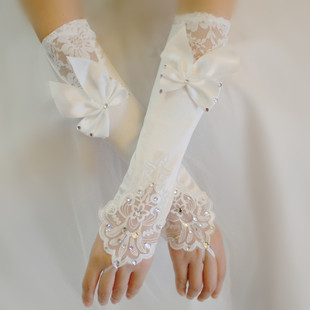 婚纱手套新娘红色露指长款蕾丝蝴蝶结白色春夏结婚黑色遮手臂