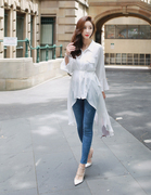 韩国雪纺蕾丝连衣裙长袖，中长款白衬衫韩国韩范百搭打底雪纺裙