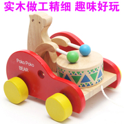儿童拖拉学步车木制手拉线，小熊敲鼓0-1-2岁宝宝学走路拉绳玩具车
