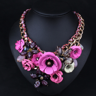 麦巴贝尔欧美饰品时尚，夸张彩色花朵，棉绳编织锁骨链女装项链