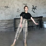 2019夏季俏皮港风套装女短袖t恤+高腰格子九分裤网红两件套潮