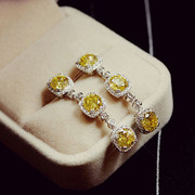 韩国微镶柠檬黄钻锆石，中长款耳钉女宴会礼服，配饰方钻黄水晶耳环