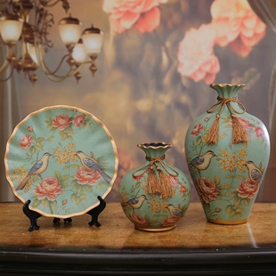 摆件家居饰品创意陶瓷花瓶，三件套欧式客厅，酒柜电视柜装饰摆设美式