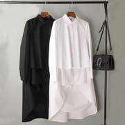 中长款衬衫长袖女韩版时尚个性宽松大码方领前短后长气质白色衬衣