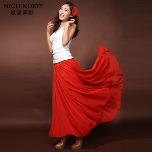 2024女装波西米亚大红色半身裙，夏纯色(夏纯色)雪纺长裙拖地大摆仙女裙