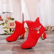 大红色婚鞋秋冬季加绒中跟高跟新娘鞋女短靴粗跟敬酒孕妇结婚靴子