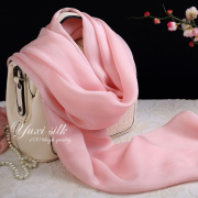 粉色纯色100%桑蚕丝长款真丝丝巾，披肩女薄纱巾，春秋冬夏季丝绸围巾