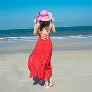 红色露背沙滩裙三亚海边度假拍照超仙吊带连衣裙长裙沙漠红裙女夏