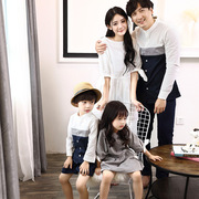 亲子装韩版春秋礼服拍照条纹一家三口母女母子，洋气连衣裙长袖衬衫