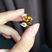 天然黄水晶戒指 925纯银镶托帕石叶子立体开口欧美个性指环送礼物