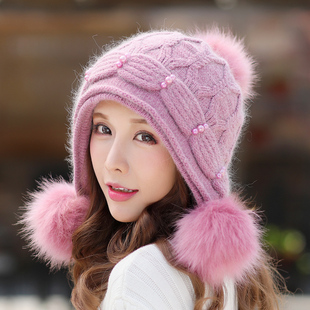 毛线帽子女冬天毛球帽保暖韩国青年贝雷帽，冬季女士兔毛针织帽
