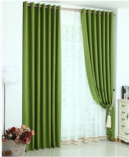 简约窗帘布绿色高档客厅卧室，窗帘纯色棉麻风格，遮光窗帘青草嫩绿