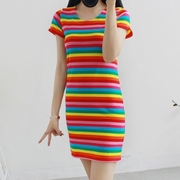 冰儿家彩虹条纹短袖，a裙糖果色连衣裙打底衫，修身半身裙