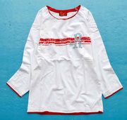 外贸原单莱卡棉女中袖七分袖圆领修身款T恤植绒印花双领撞色女款