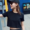 纯棉短款露肚脐T恤女短袖宽松高腰韩国女装黑色短装性感圆领上衣