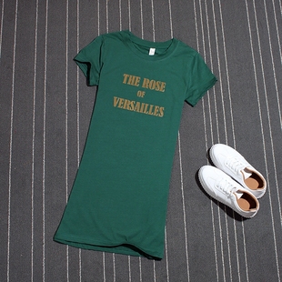 中长款修身字母简约打底衫2017夏季棉质亮片墨绿色短袖T恤裙