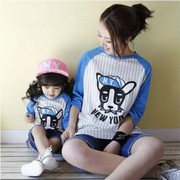 母女装韩国童装女童夏装，2023亲子款条纹，狗狗长款t恤儿童短袖t