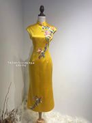 高端私人定制女装复古中国风明黄色真丝纯手工苏绣刺绣旗袍连衣裙
