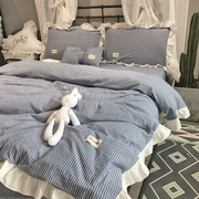 纯棉四件套全棉水洗棉，简约条纹公主风荷叶，边被套床单1.8m床上用品