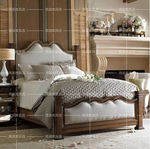 美式乡村家具定制卧室实木床欧式实木雕花布艺双人床