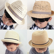 夏季儿童草帽镂空草帽男童女童，礼帽爵士帽遮太阳帽条纹透气帽