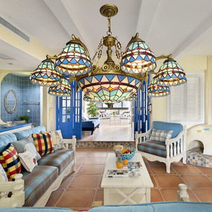 地中海客厅吊灯蓝白彩色玻璃吊灯，客厅卧室餐厅蒂凡灯具尼灯饰
