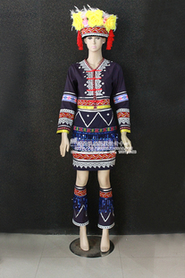  黑色佤族高山族短裙长袖服装 少数民族舞台表演服饰 女套装