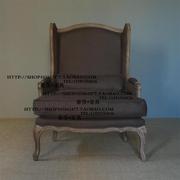 出口法国法式乡村风格实木橡木布艺单人位沙发椅老虎椅高背椅家具