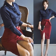 韩国名媛ol气质长袖，衬衫高腰蝴蝶结半身包臀裙职业两件套装裙女春